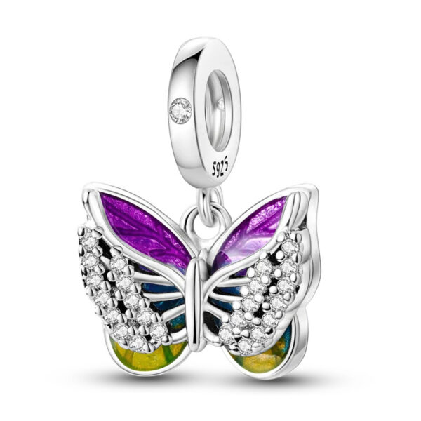 3D Butterfly Diamante Charm, Purple to Green BackWings, Animal, Diamante, Purple, Green, Dangle, Silver 925