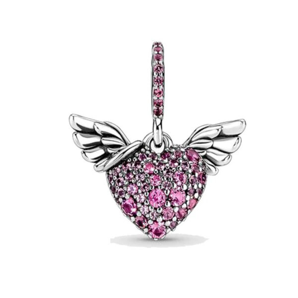 Angel Wing Pink Heart Charm Wings, Pink, Diamante, Heart, Angel, Dangle, Silver 925