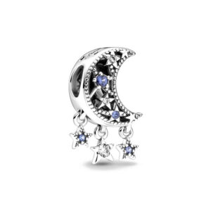 Beautiful Starry Blue Moon Charm with Hanging Stars Sun, Moon & Stars , Silver 925