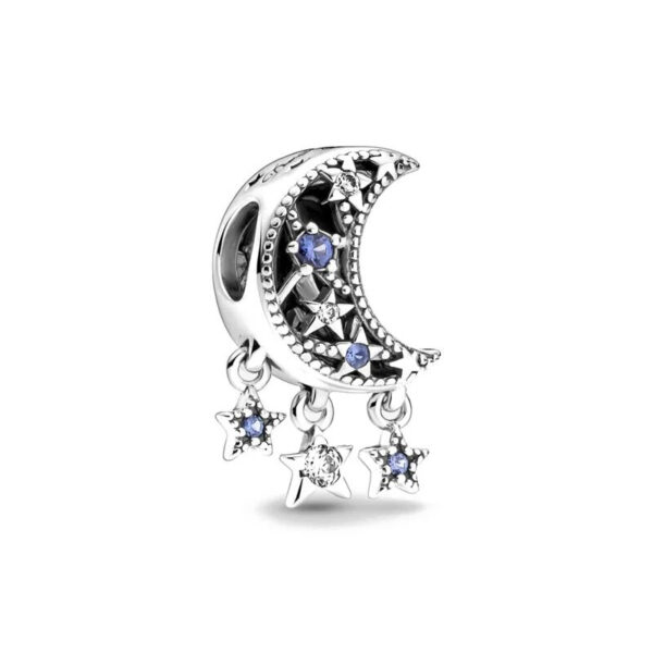 Beautiful Starry Blue Moon Charm with Hanging Stars Sun, Moon & Stars , Silver 925