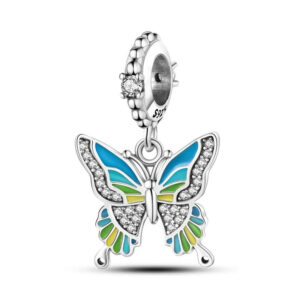 Blue-Green-Yellow Butterfly Charm Blue, Green, Yellow, Butterfly, Animal, Wings, Dangle, Silver 925