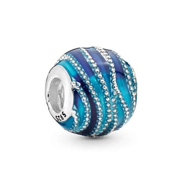 Blue-and-Dark-Green-Waves-Stripe-Ball-Charm Blue and Dark Green Waves Stripe Ball Charm Blue, Green, Purple, Aquatic, Silver 925