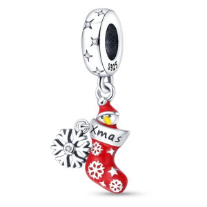 Christmas Stocking Charm with Small Snowflake Xmas Christmas, Engraved, Red, Dangle, Silver 925