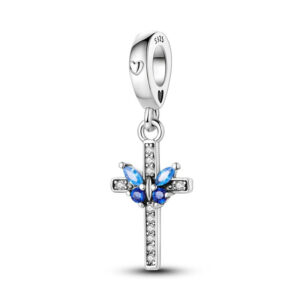 Cross with Blue Butterfly Charm Blue, Animal, Wings, Religious, Dangle, Silver 925