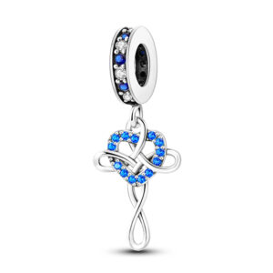 Curly Cross with Heart Charm Religious, Blue, Heart, Dangle, Silver 925