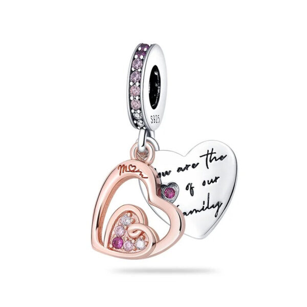 Double Heart Family Charm Heart, Rose Gold, Engraved, Family, Dangle, Silver 925