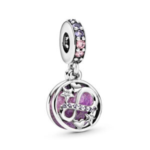 Double Layer Dark Purple Infinity Charm with 2 Stars Engraving Purple, Infinity, Engraved, Love, Sun, Moon & Stars, Dangle, Silver 925