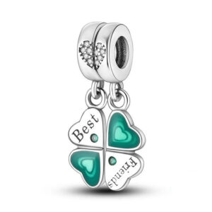 Friendship Best Friend Clover Heart Set Charm Set, Pair, Friendship, Heart, Green, Engraved, Luck, Dangle, Silver 925