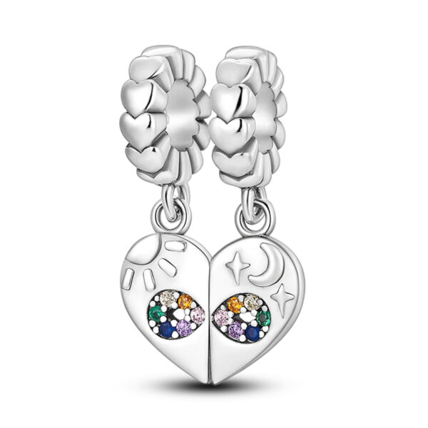 Friendship Heart Set Charm Set, Pair, Friendship, Heart, Engraved, Sun, Moon & Stars, Dangle, Silver 925