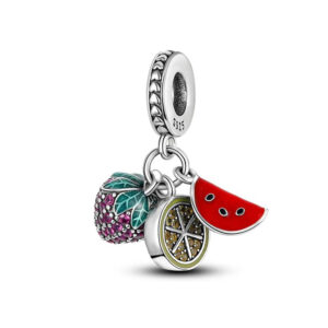 Fruit Set Charm - Strawberry, Watermelon, Lemon Orange Fruit, Food, Red, Orange, Dangle, Silver 925