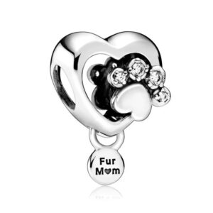 Fur Mom Engraved Pet Charm, Plain Silver Heart with Paw Print Pets, Heart, Engraved, Silver 925