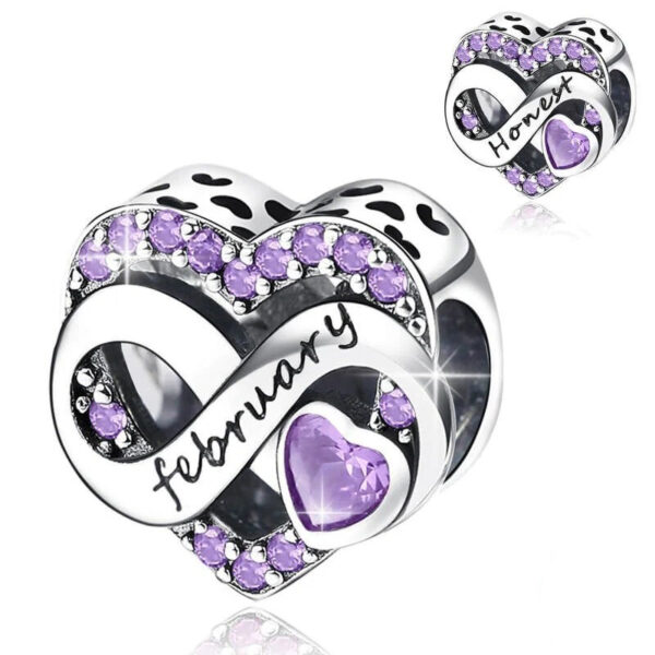 Heart-Infinity-Month-Birthstone-Charm---February-_-Honest--Light-Purple Heart Infinity Month Birthstone Charm - February & Honest, Light Purple Birthstone, Heart, Infinity, Month, Birthday, Anniversary, Kids, Purple, Silver 925