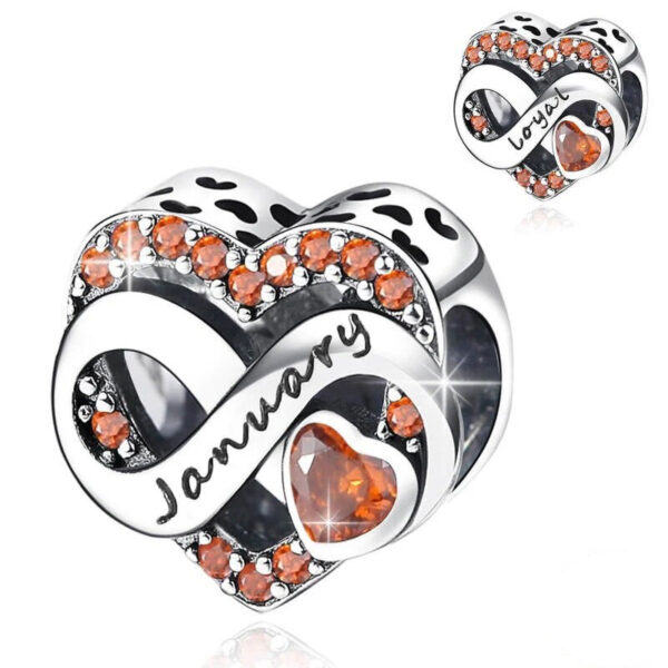 Heart Infinity Month Birthstone Charm - January & Loyal, Orange Birthstone, Heart, Infinity, Month, Birthday, Anniversary, Kids, Orange, Silver 925