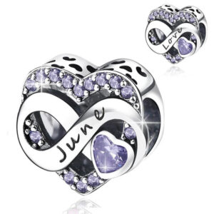 Heart Infinity Month Birthstone Charm - June & Love, Light Purple/Pink Birthstone, Heart, Infinity, Month, Birthday, Anniversary, Kids, Pink, Purple, Silver 925