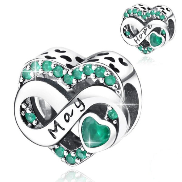 Heart-Infinity-Month-Birthstone-Charm---May-_-Hope--Green Heart Infinity Month Birthstone Charm - May & Hope, Green Birthstone, Heart, Infinity, Month, Birthday, Anniversary, Kids, Green, Silver 925