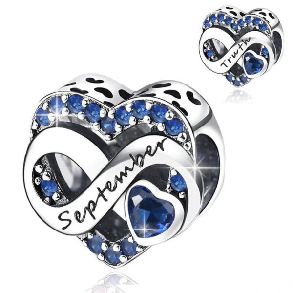 Heart Infinity Month Birthstone Charm - September & Truth, Dark Blue Birthstone, Heart, Infinity, Month, Birthday, Anniversary, Kids, Blue, Silver 925