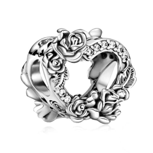 Heart-and-Flower-Diamante-Charm Heart and Flower Diamante Charm Heart, Plant, Flowers, Silver 925