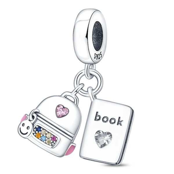 Kids Backback & Book Charm, School Kids, Pink, Heart, Dangle, Silver 925