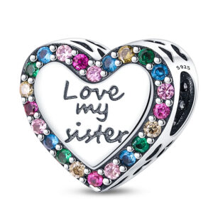 Love My Sister Colourful Heart Charm Sister, Family, Colourful, Heart, Green, Yellow, Pink, Blue, Silver 925