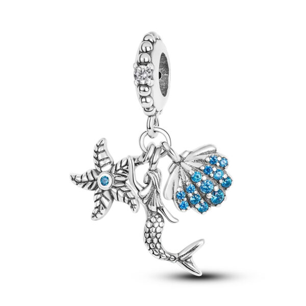 Mermaid,-Shell-and-Starfish-Charm--Ocean-Charm Mermaid, Shell and Starfish Charm, Ocean Charm Aquatic, Animal, Blue, Dangle, Silver 925