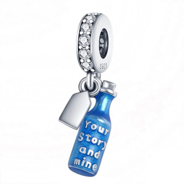 Message in a Bottle Engraved "Your Story and Mine" Blue, Engraved, Dangle, Silver 925