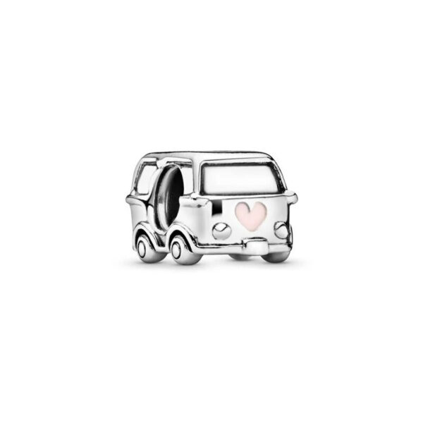 Mini-BusCar-Charm-with-Small-Pink-Heart Mini Bus/Car Charm with Small Pink Heart Travel, Pink, Silver 925