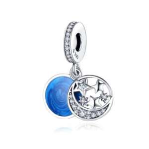 Moon and Stars Double Layer Charm With Engraving Blue, Engraved, Sun, Moon & Stars , Dangle, Silver 925