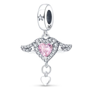 Pink Heart Diamante With Angel Wings Charm Pink, Heart, Diamante, Wings, Dangle, Love, Silver 925