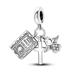 Religious Charm Set - Bible, Cross and Angel Wings Religous, Wings, Dangle, Silver 925