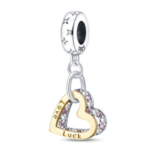 Silver and Gold Hearts Love and Luck Charm Diamante, Gold, Heart, Engraved, Love, Luck, Pink, Dangle, Silver 925