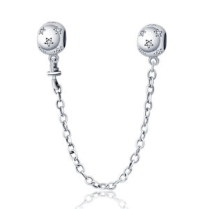 Star Bead Ball Safety Chain Charm Sun, Moon & Stars, Silver 925
