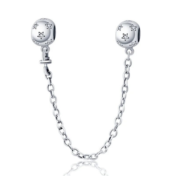 Star Bead Ball Safety Chain Charm Sun, Moon & Stars, Silver 925