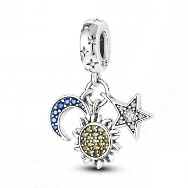 Sun, Moon & Star Charm Yellow, Blue, Diamante, Sun, Moon & Stars, Dangle, Silver 925