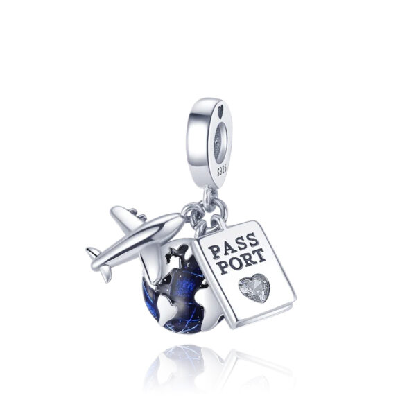 Travel Charm - Passport, Globe & Plane Travel, Dangle, Silver 925