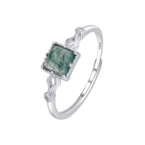 Moss Agate Square Gem Ring with Elegant Curved Detail - Adjustable Size