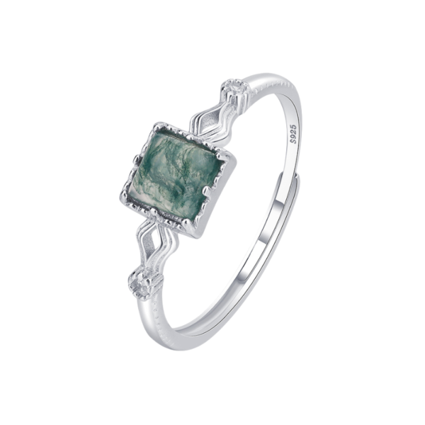 Moss Agate Square Gem Ring with Elegant Curved Detail - Adjustable Size Moss Agate Square Gem Ring with Elegant Curved Detail - Adjustable Size