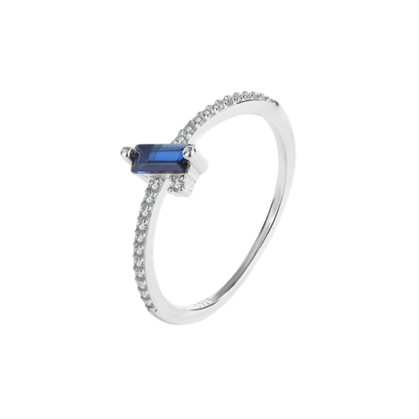Rectangle Midnight Blue Gem Ring with Diamante Detail Along Thin Band