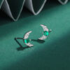 Crescent Moon with Green Diamante Sterling Silver Earrings