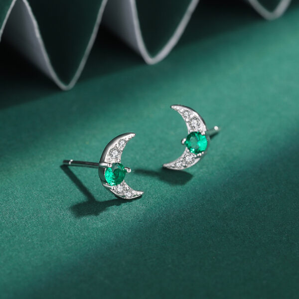 Crescent Moon with Green Diamante Sterling Silver Earrings