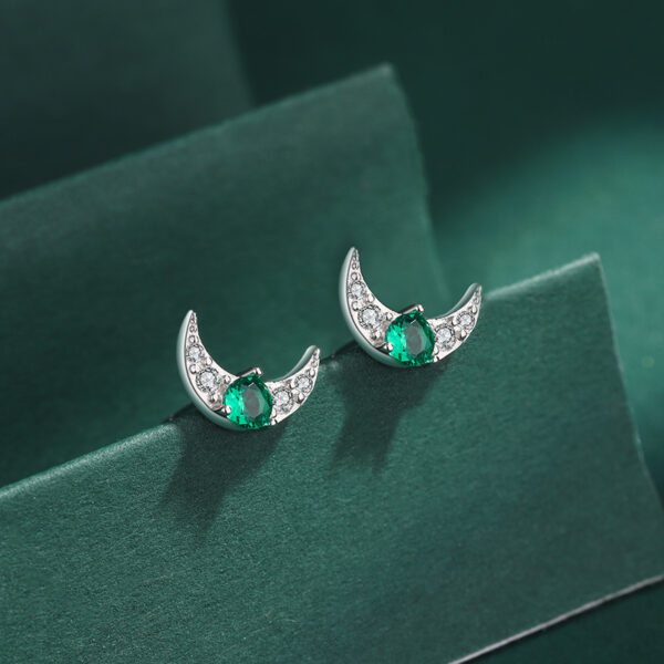 Crescent Moon with Green Diamante Sterling Silver Earrings