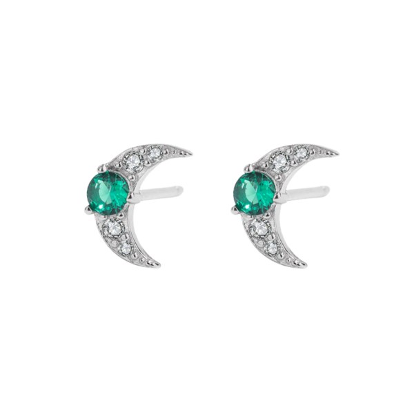 Crescent Moon with Green Diamante Sterling Silver Earrings