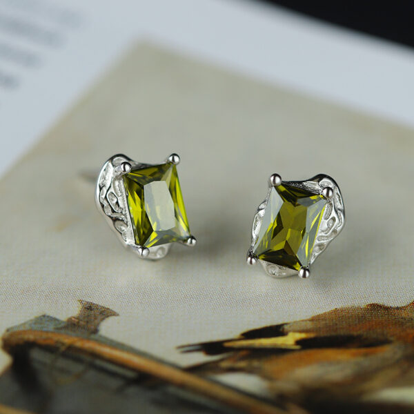 Brown Green Rectangle Silver Earrings