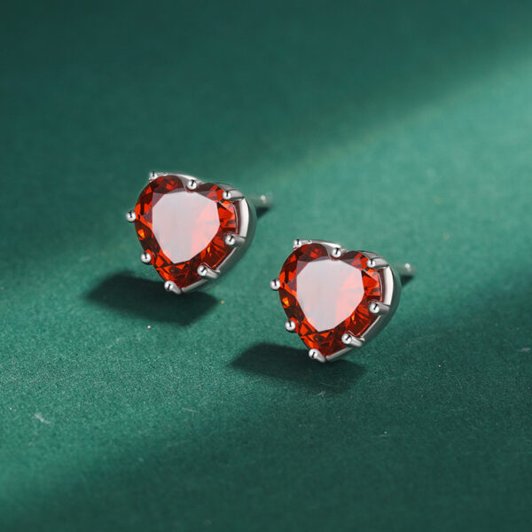 Red Gem Heart Silver Earrings