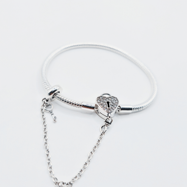 Pink Heart Padlock with Safety Chain S925 Sterling Silver Charm Bracelet