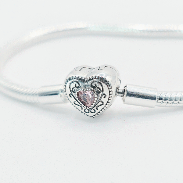 Pink Heart Centre Filigree S925 Sterling Silver Charm Bracelet