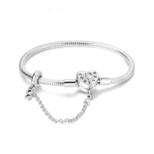 Forever Heart S925 Sterling Silver Charm Bracelet & Infinity Safety Chain