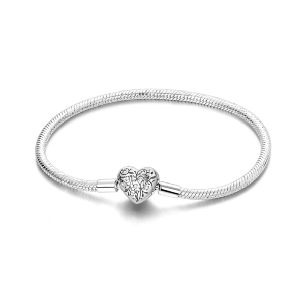 Filigree Detailed Heart Shaped S925 Sterling Silver Charm Bracelet