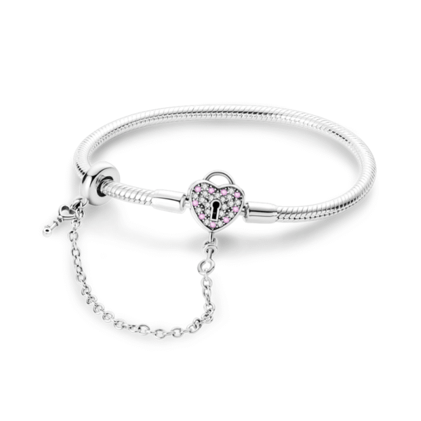 Pink Heart Padlock with Safety Chain S925 Sterling Silver Charm Bracelet