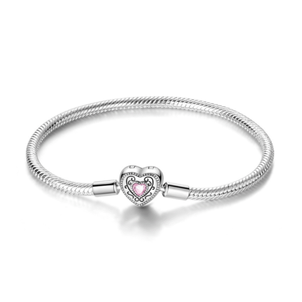 Pink Heart Centre Filigree S925 Sterling Silver Charm Bracelet